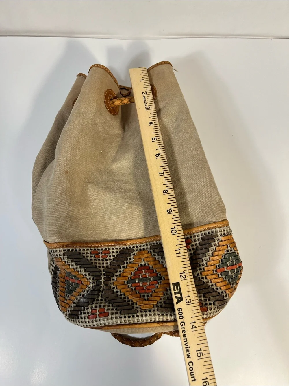 Vintage Fossil Canvas Bucket Backpack Purse Woven Leather Pattern - Picture 11 of 12